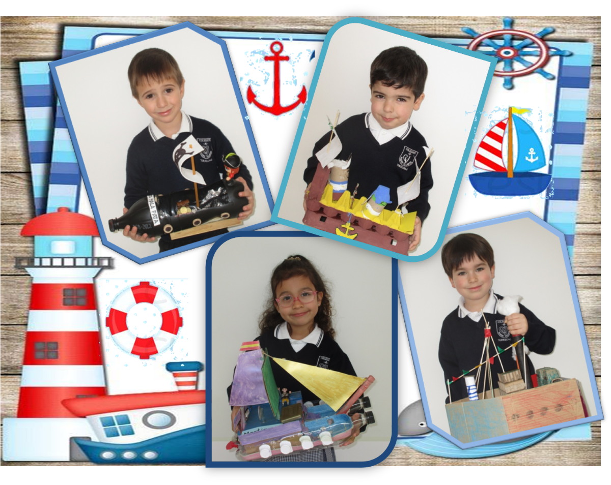 Mural de varios alumnos con sus barcos
