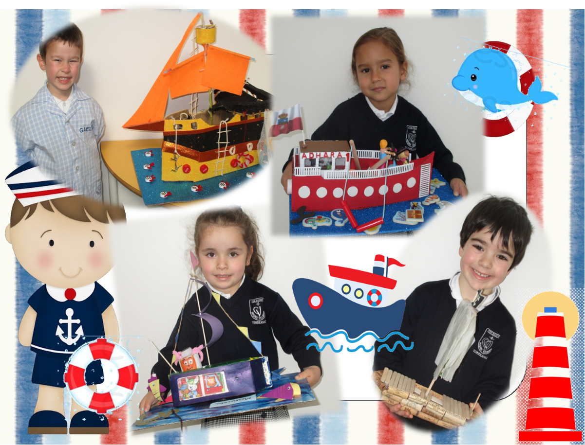 Mural de varios alumnos con sus barcos